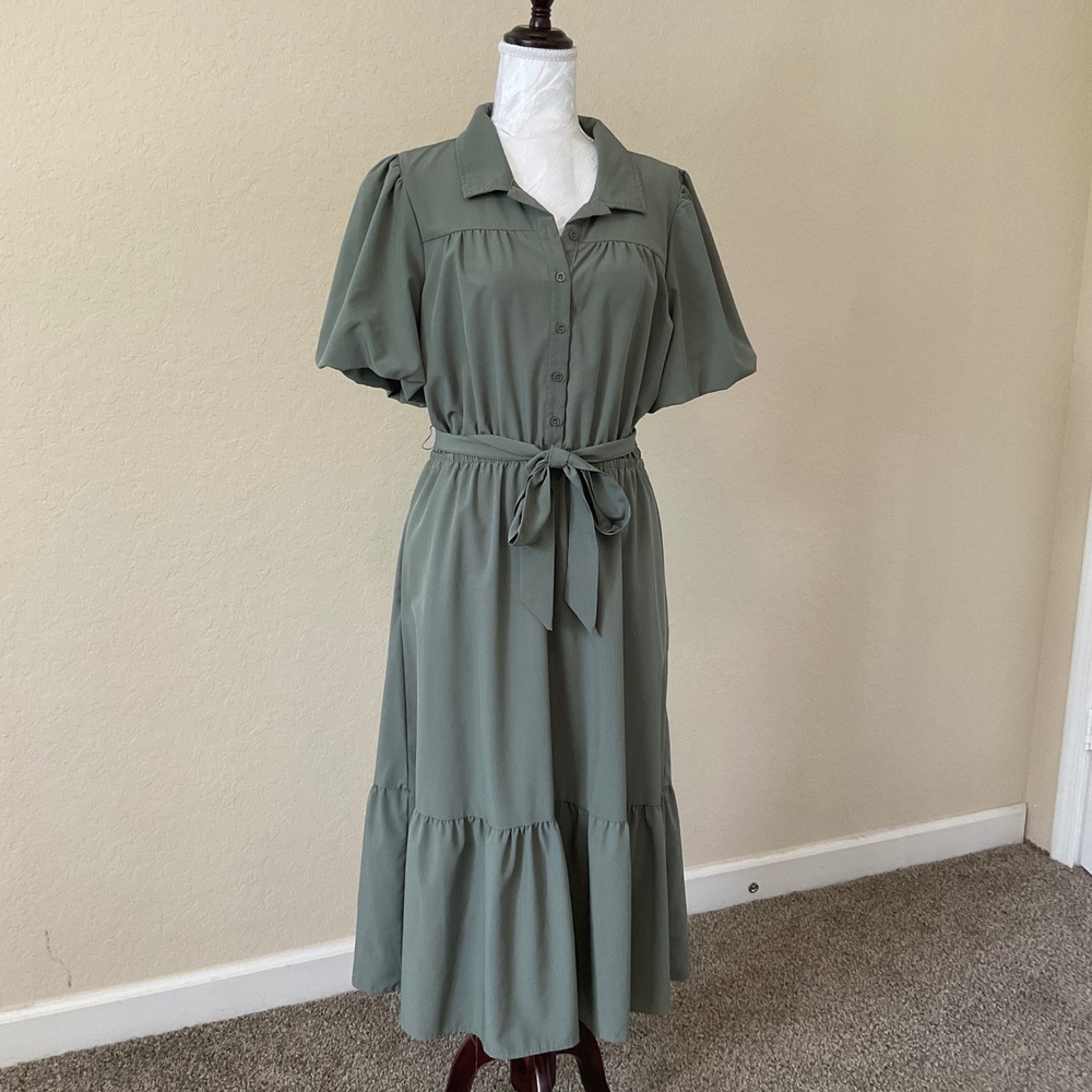 Lucky Brand Maxi Shirt Dress Womens XL Olive Green Button Front Puff Sleeve